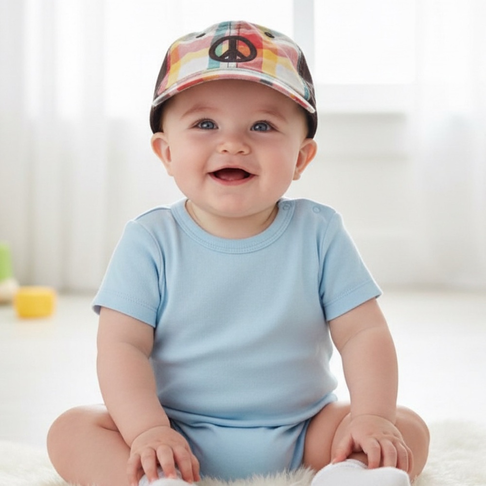 Gymboree Colorful Plaid Baby Cap Peace Sign 3-6 Months Brimmed Hat